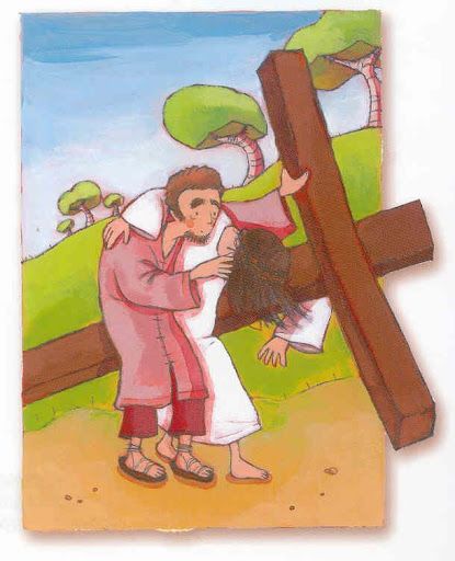 Simão de Cirene ajuda Jesus a levar a cruz